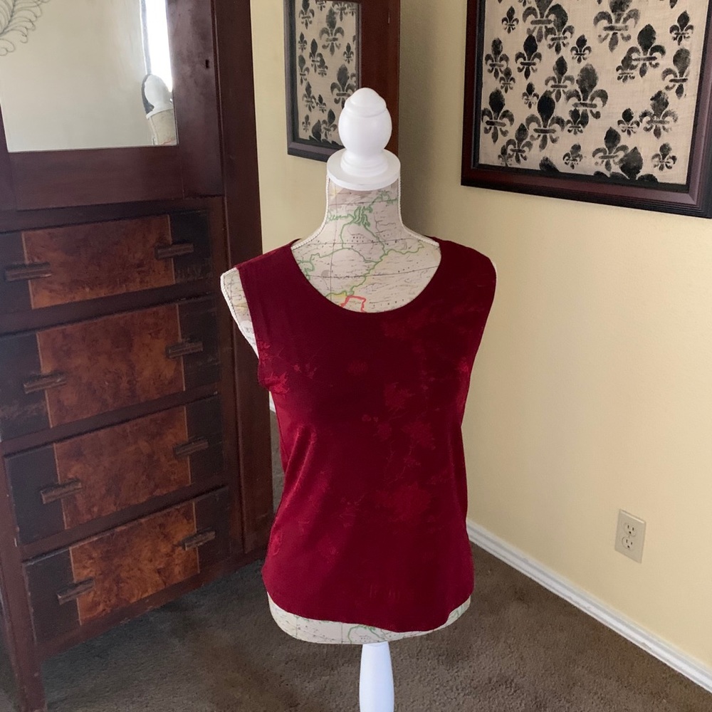 Deep red Chico’s tank top with Asian designs